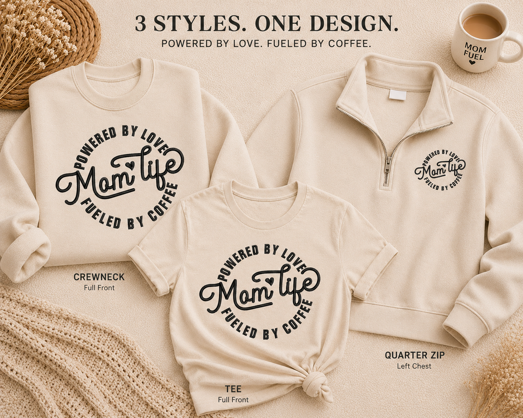 Collection of 'Powered by Love, Fueled by Coffee' apparel with text labels on a neutral background.