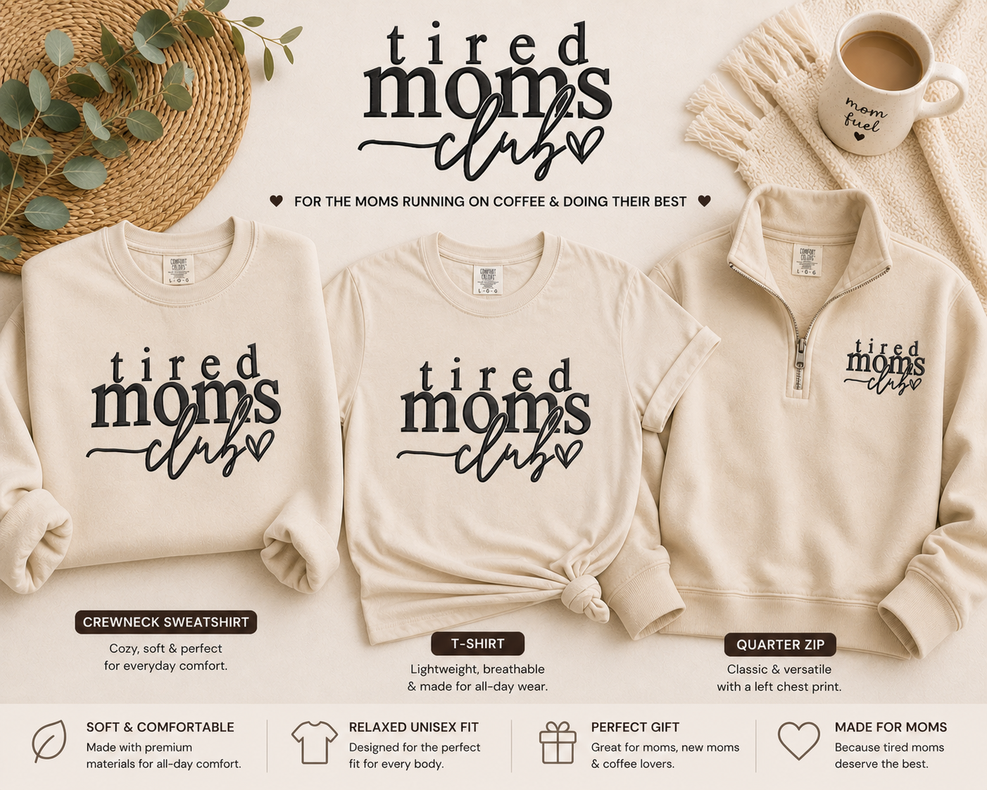 Collection of 'tired moms club' apparel including sweatshirts and a t-shirt on a light background.